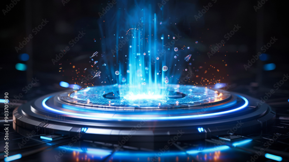 Obraz premium Digital artwork featuring a futuristic, blue circular platform emanating particles