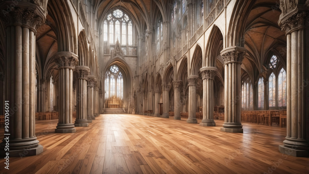 Obraz premium Inside of an ancient gothic cathedral with wooden floor and carved stone columns