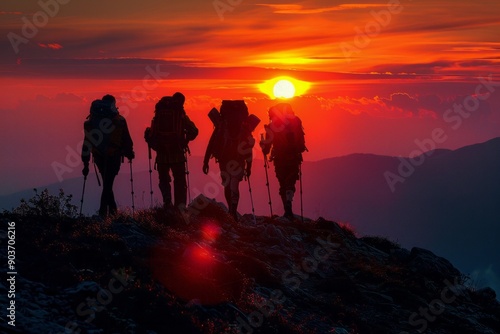 Hikers Silhouetted Against a Fiery Sunset on a Mountain Ridge