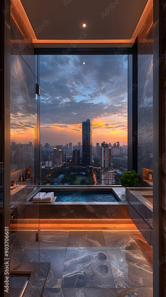 High-end luxury bathroom in a high-rise building Looks comfortable with ...