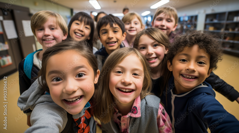 Class selfie in an elementary school. Kids taking a picture together in a co-ed school, photography. Class selfie in an elementary school. Kids taking a picture together in a co-ed school, photography.