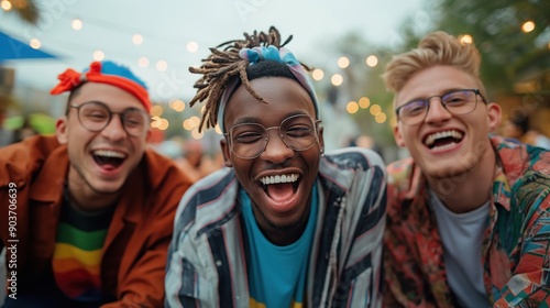 Three young men wearing glasses laughing and having fun at an outdoor social gathering with string lights in the background.
