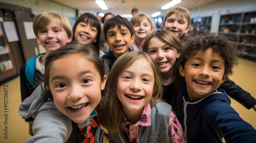 Class selfie in an elementary school. Kids taking a picture together in a co-ed school, photography.
