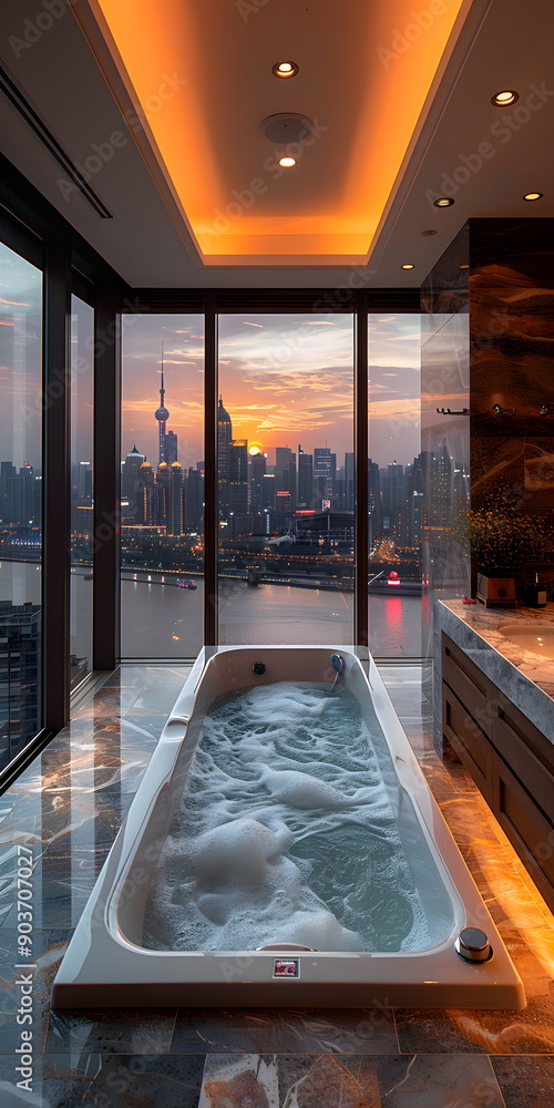 High-end luxury bathroom in a high-rise building Looks comfortable with ...