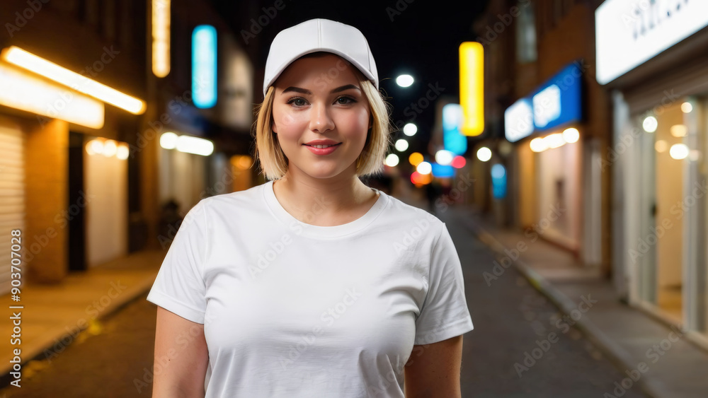 Plus size young woman with short hair wearing white t-shirt and white baseball cap standing in a city alley at night Plus size young woman with short hair wearing white t-shirt and white baseball cap standing in a city alley at night
