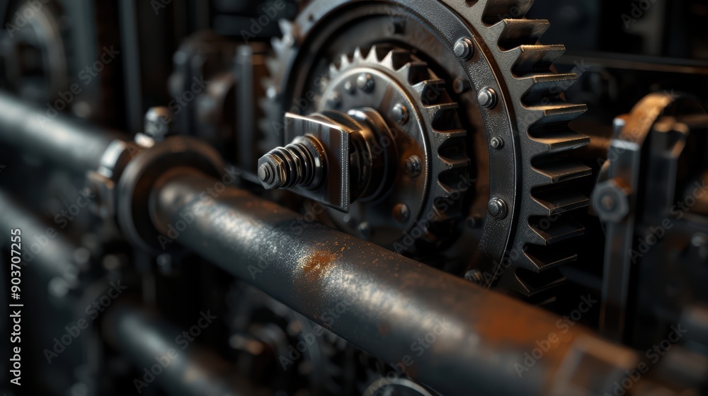 Close-Up of Industrial Gears and Machinery with Rusty Metal Components in a Factory Setting Close-Up of Industrial Gears and Machinery with Rusty Metal Components in a Factory Setting