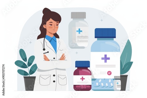 Female doctor with medical supplies healthcare innovation concept vector illustration professional design medical inspiration