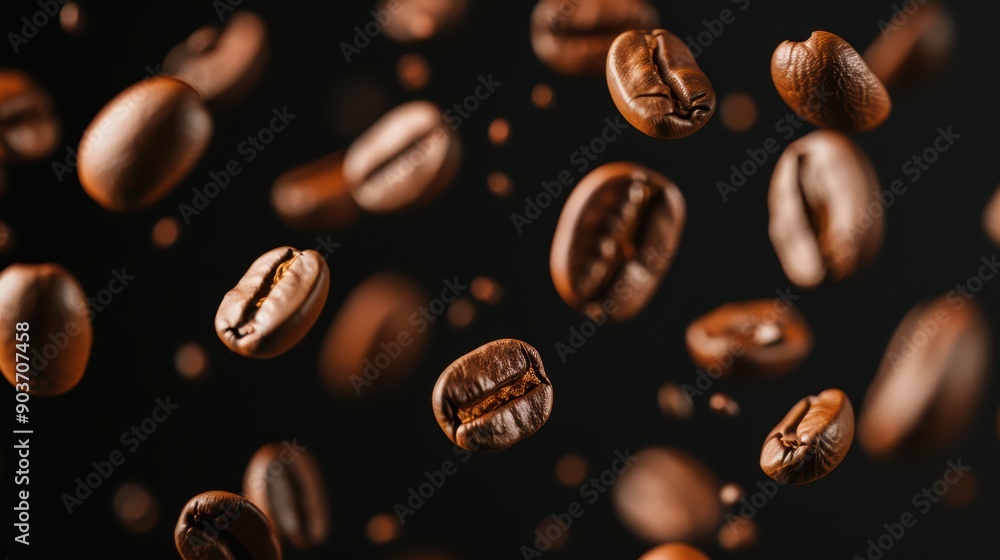 Close-Up of Roasted Coffee Beans Floating Against a Dark Background in a Studio Setting Close-Up of Roasted Coffee Beans Floating Against a Dark Background in a Studio Setting