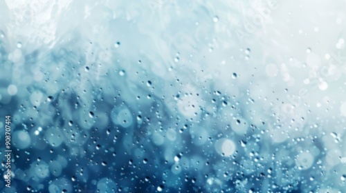 Blurring water droplets gather to form a soft, cool blue backdrop on a rainy afternoon, unfocused image