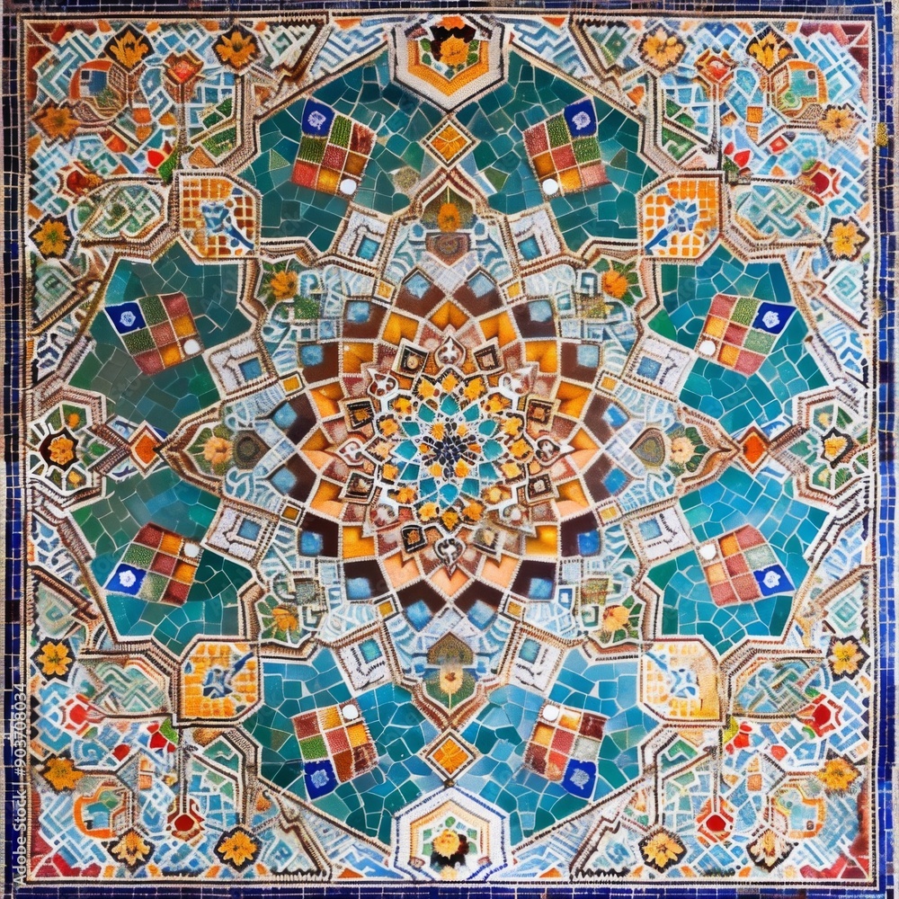 Fototapeta premium Detail of traditional Persian mosaic wall with geometrical ornament in Iran, Arabic Islamic pattern