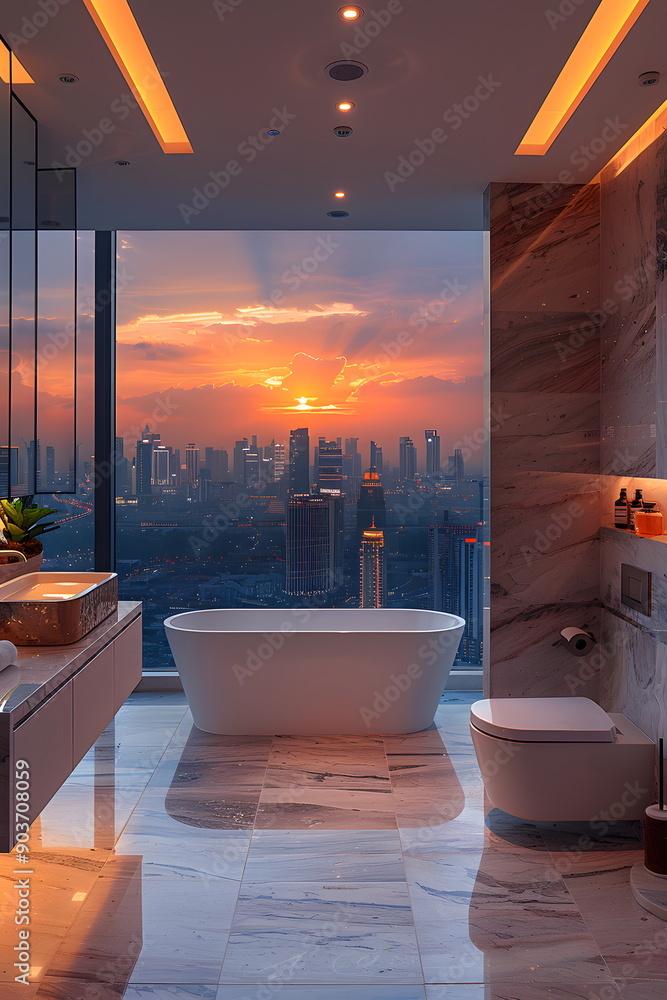 High-end luxury bathroom in a high-rise building Looks comfortable with ...