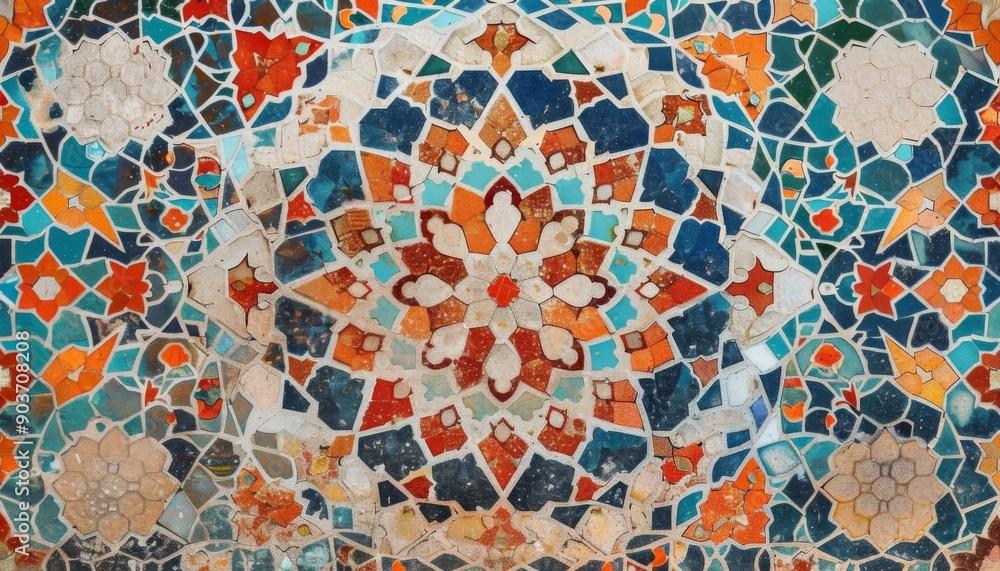 Detail of traditional Persian mosaic wall with geometrical ornament in Iran, Arabic Islamic pattern Detail of traditional Persian mosaic wall with geometrical ornament in Iran, Arabic Islamic pattern