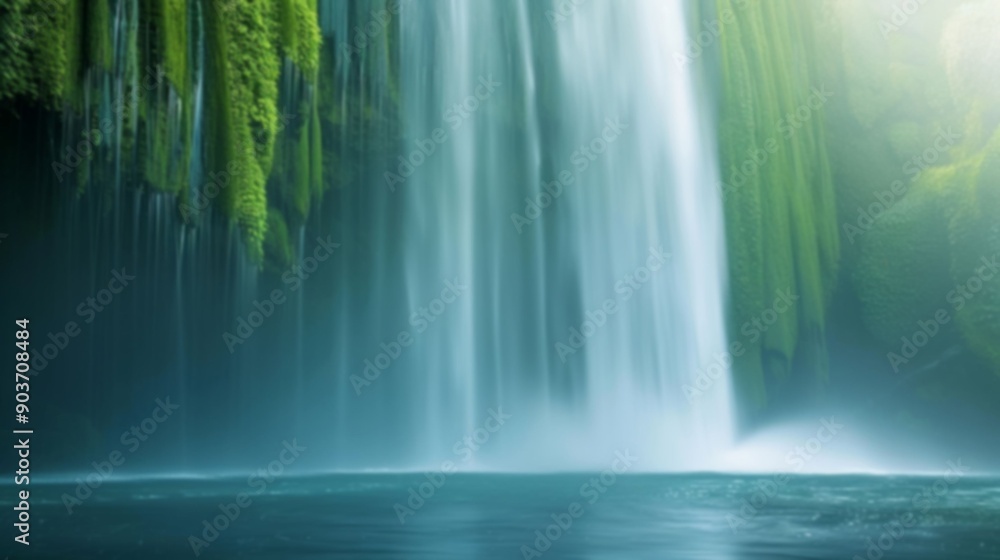 A beautiful waterfall flows gently, creating a tranquil atmosphere with surrounding greenery and sparkling water under the midday sun, unfocused image A beautiful waterfall flows gently, creating a tranquil atmosphere with surrounding greenery and sparkling water under the midday sun, unfocused image