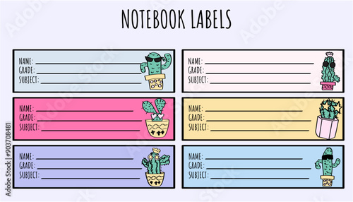 cute cacti name tags. notebook sticker labels set for middle and elementary school kids for back to school.