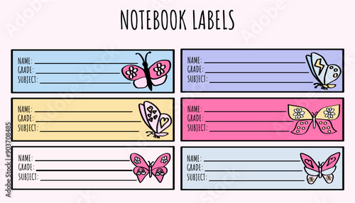 Cute butterfly name tags. back-to-school notebook sticker labels set for elementary and middle school kids.