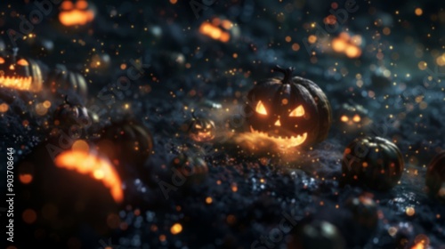 A foggy Halloween night features glowing jack-o'-lanterns scattered across a dark landscape, creating an eerie yet festive atmosphere, unfocused image