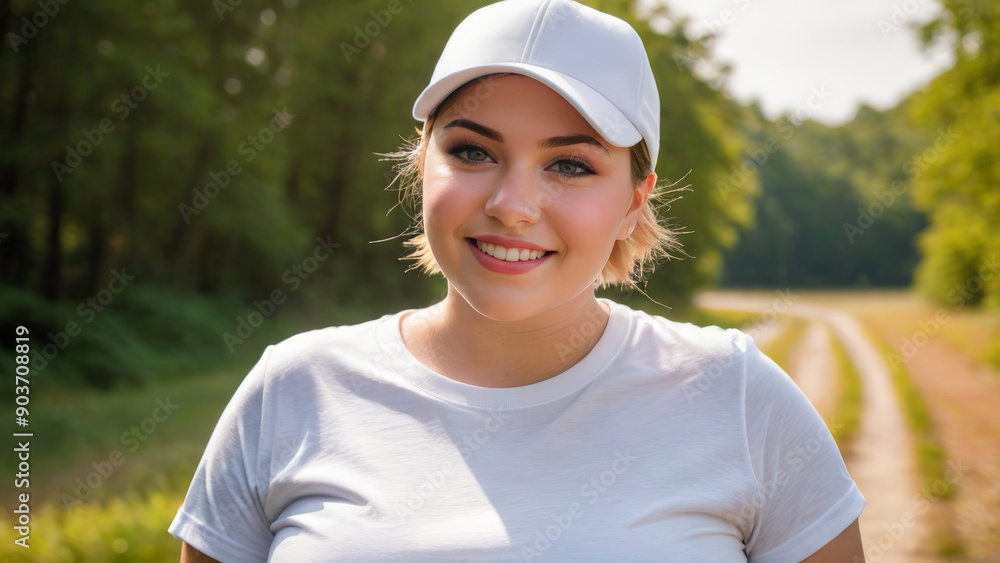 Plus size young woman with short hair wearing white t-shirt and white baseball cap standing in nature Plus size young woman with short hair wearing white t-shirt and white baseball cap standing in nature