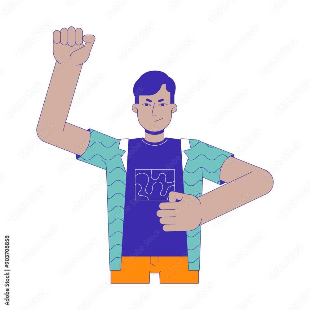 Fist raised indian man activist 2D cartoon character. South asian guy protestor hand pump isolated flat vector person white background. Revolution manifest demonstration color spot illustration Fist raised indian man activist 2D cartoon character. South asian guy protestor hand pump isolated flat vector person white background. Revolution manifest demonstration color spot illustration