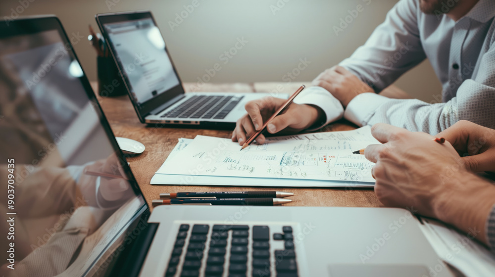 Business meeting with laptops, notes, and drawing on papers. Two people collaborating and discussing ideas at a desk. Business meeting with laptops, notes, and drawing on papers. Two people collaborating and discussing ideas at a desk.