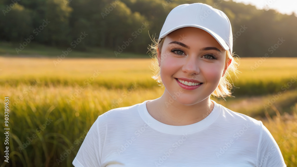 Plus size young woman with short hair wearing white t-shirt and white baseball cap standing in nature Plus size young woman with short hair wearing white t-shirt and white baseball cap standing in nature