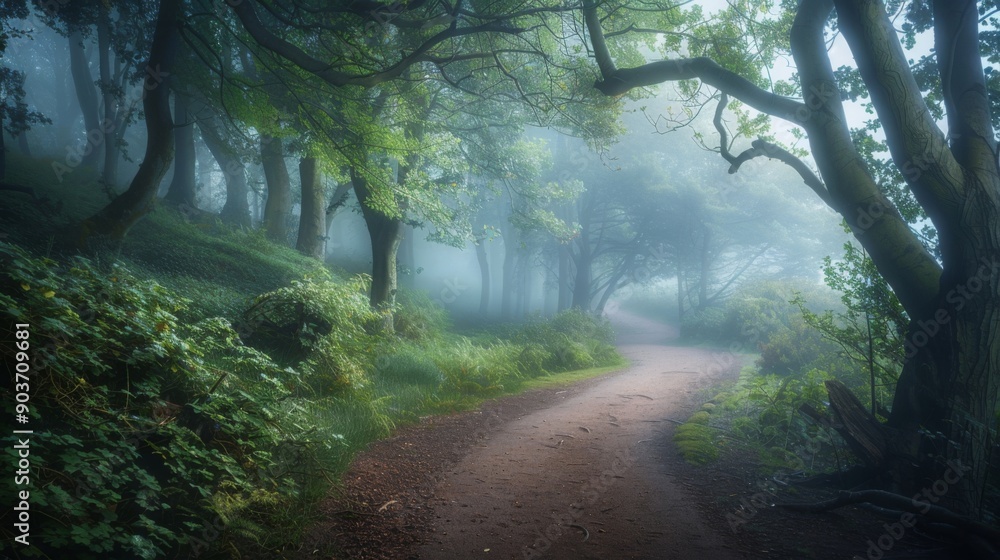 Fototapeta premium Misty forest path, lush trees and soft light create a magical scene. Walk peacefully and enjoy the calm of nature with fresh greenery all around.