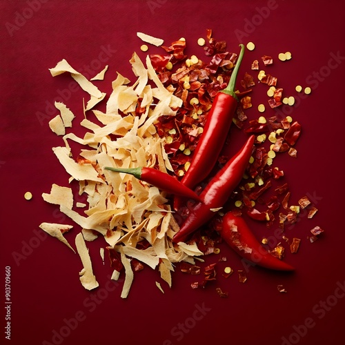 chili peppers and shreds, isolated on a dark red background. clipping path, full depth of field, high resolution photo