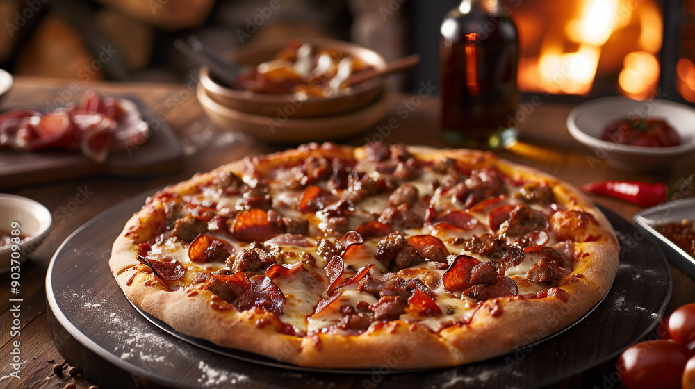 Hearty artisan pizza with flavorful Italian toppings of pepperoni, cheese and meat Hearty artisan pizza with flavorful Italian toppings of pepperoni, cheese and meat