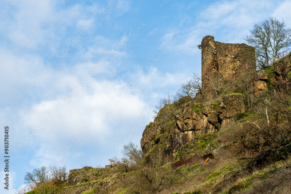 Lumière matinale sur les vestiges du Château de Thuriès près du Viaur, dans la commune de Tanus, région d'Occitanie, en France Lumière matinale sur les vestiges du Château de Thuriès près du Viaur, dans la commune de Tanus, région d'Occitanie, en France