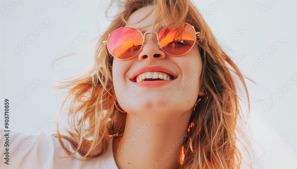 Smiling young blonde woman with sunglasses reflecting a vibrant sunset, enjoying a sunny day outdoors. Smiling young blonde woman with sunglasses reflecting a vibrant sunset, enjoying a sunny day outdoors.