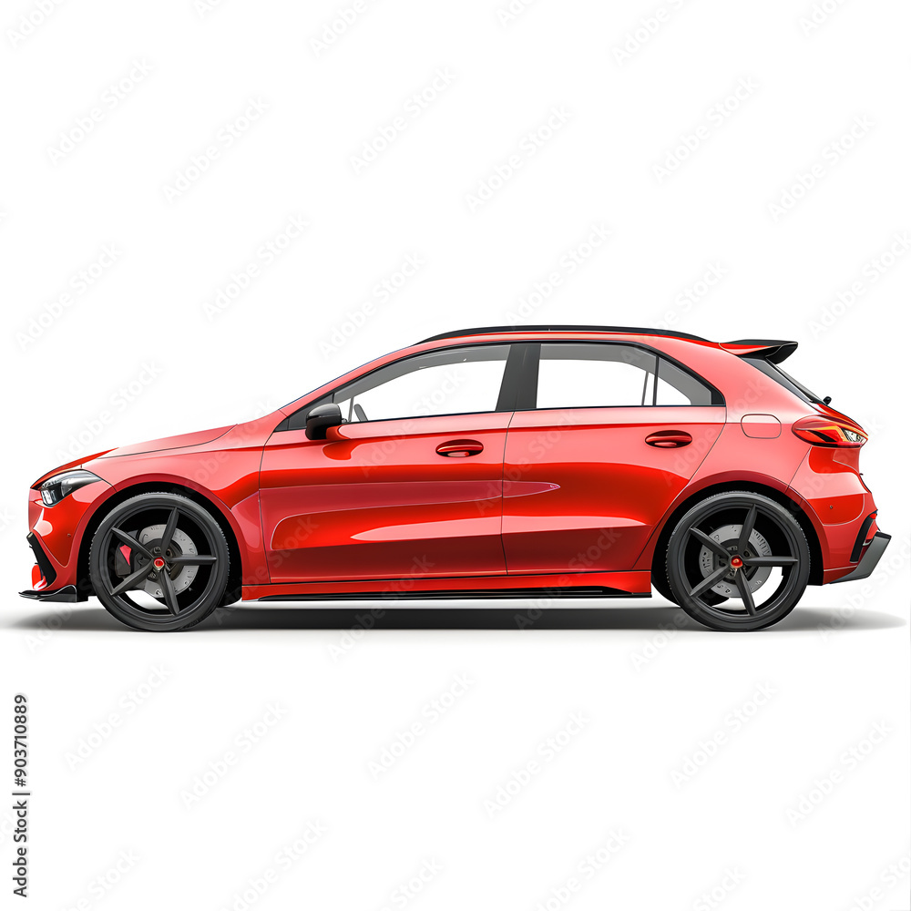 A stunning red sporty compact car showcases its sleek design from the side on a white background, perfect for advertising in both print and digital media for automotive enthusiasts A stunning red sporty compact car showcases its sleek design from the side on a white background, perfect for advertising in both print and digital media for automotive enthusiasts