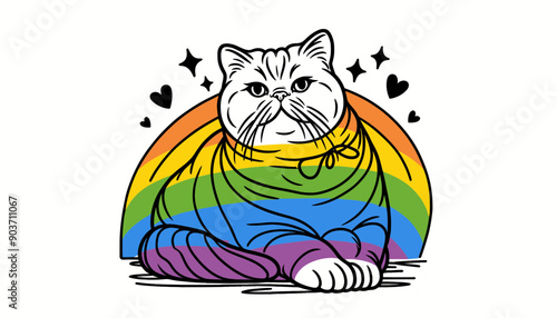  Exotic Shorthair Cat With LGBTQ Rainbow Pride Flag Funny Pround Mom Dad of Gay Lesbian Ally Vector Clipart   photo