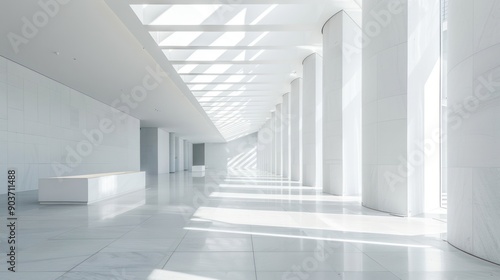 Interior of a white-themed museum architecture with natural lighting