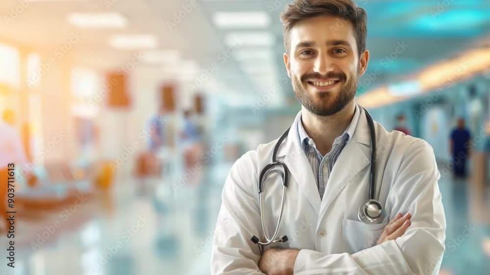 handsome doctor with stethoscope in hospital with blur background, generative ai handsome doctor with stethoscope in hospital with blur background, generative ai