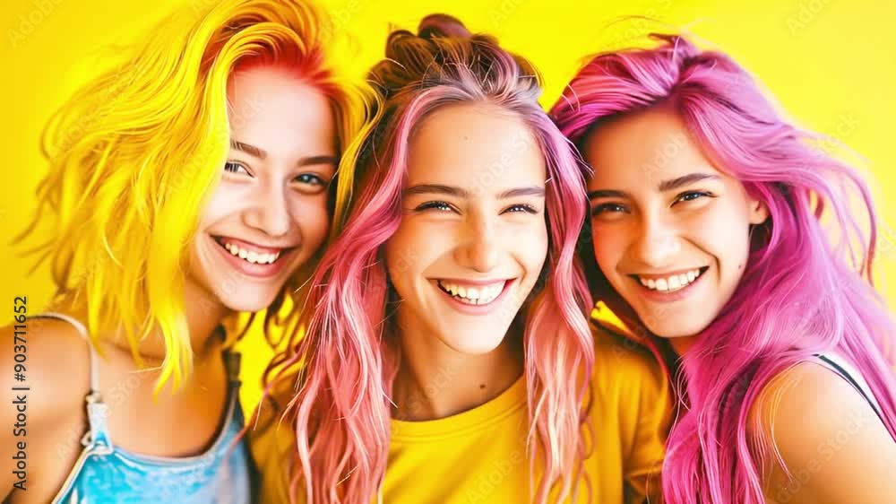 portrait of modern young girls friends on yellow plain background with colored hair smiling joyfully portrait of modern young girls friends on yellow plain background with colored hair smiling joyfully
