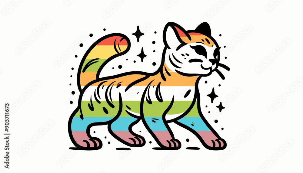 Obraz premium Savannah Cat With LGBTQ Rainbow Pride Flag Funny Pround Mom Dad of Gay Lesbian Ally Vector Clipart