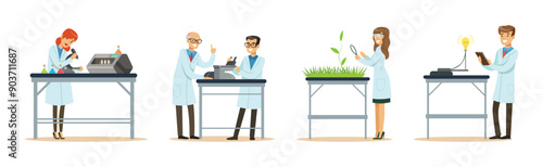 Man and Woman Scientist Character in Laboratory Do Research Vector Set