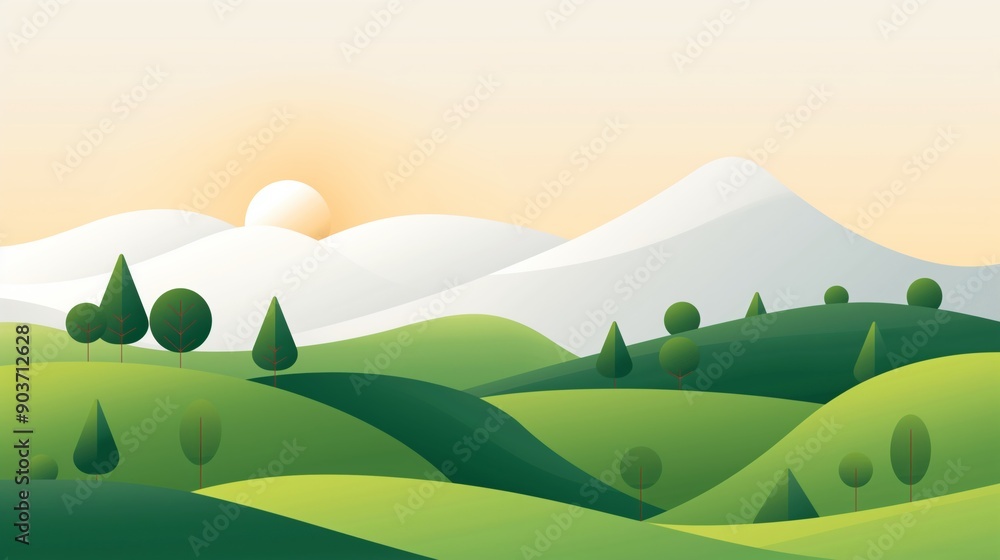 Serene landscape at dawn features rolling green hills under soft sunlight illustration. Serene landscape at dawn features rolling green hills under soft sunlight illustration.