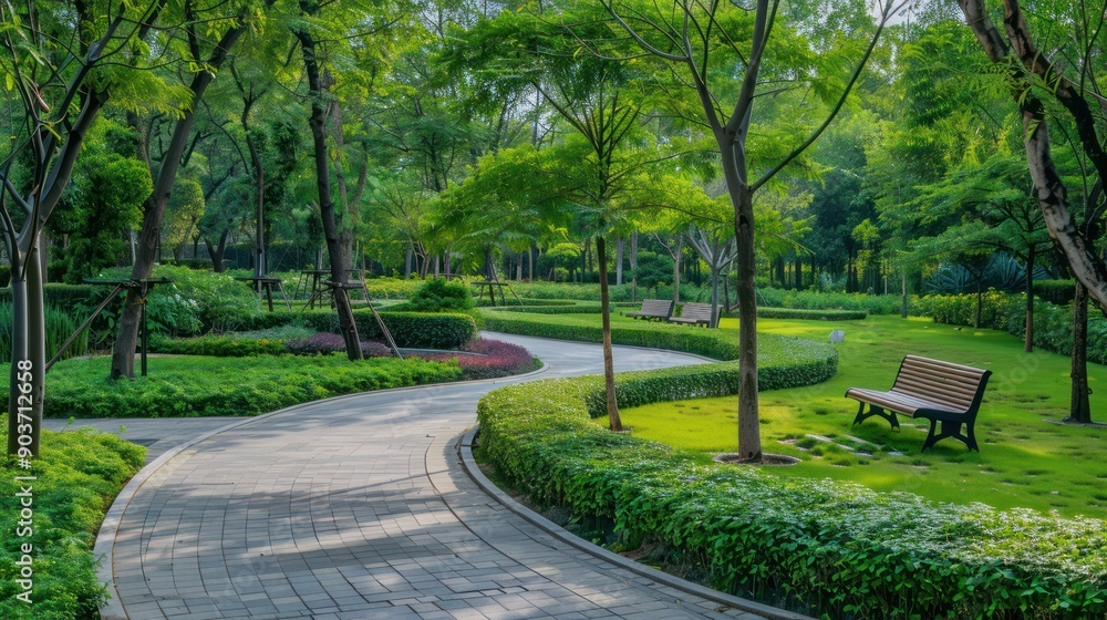 Fototapeta premium Park landscape design with pathways, greenery, and seating areas