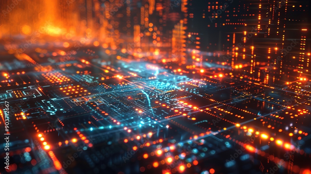 Fototapeta premium Cybernetic Cityscape: A futuristic metropolis pulsates with energy, its intricate network of circuits and data streams illuminating the digital frontier.