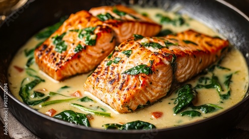 salmon in a creamy garlic and spinach sauce