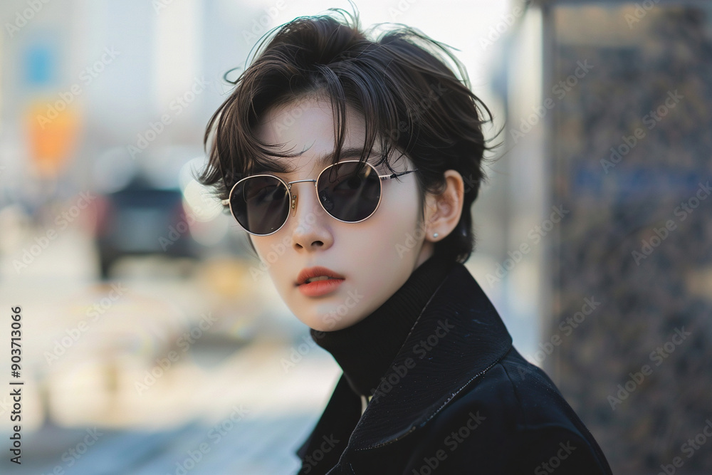 Handsome Asian man with glasses standing on the street posing on a gray background. Portrait of a young fashionable Korean man. Generated by artificial intelligence Handsome Asian man with glasses standing on the street posing on a gray background. Portrait of a young fashionable Korean man. Generated by artificial intelligence