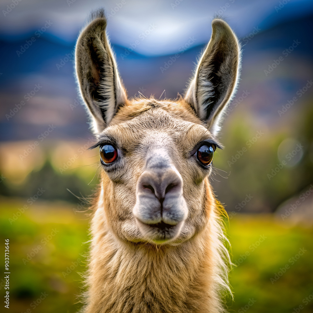 Close-up of a llama's face with blurred greenery in the background Close-up of a llama's face with blurred greenery in the background