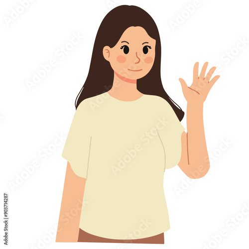 A woman waving gesturing hello goodbye with one hand illustration