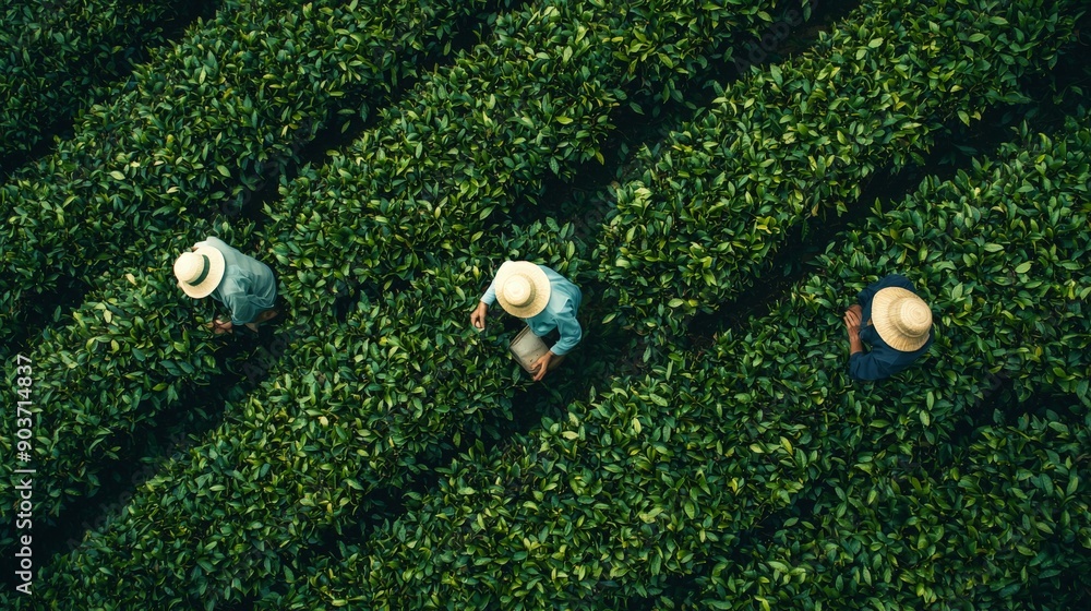 Naklejka premium asian workers handpicking green tea leaves in a tea field