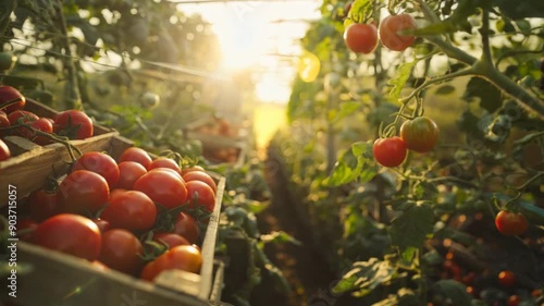 row of red tomato plants in greenhouse. generative ai	
