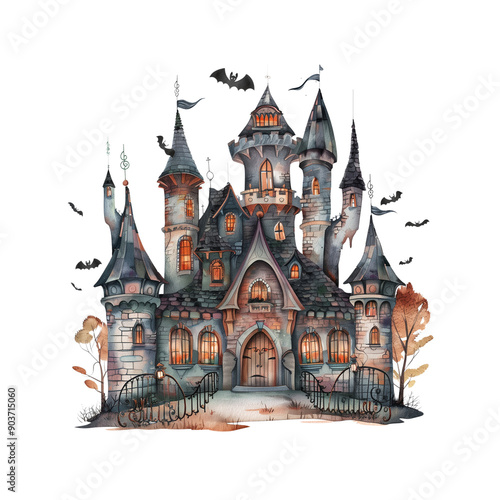 Castle, Halloween Watercolor Style Clip Art Transparent Background