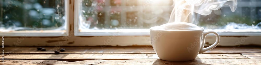 Steaming white cup of coffee on a wooden table, window in the background, tranquil morning moment. Steaming white cup of coffee on a wooden table, window in the background, tranquil morning moment.
