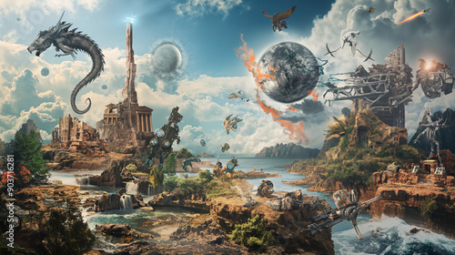 multiverse landscape where different realities blend and collide. Show elements from various timelines and worlds merging