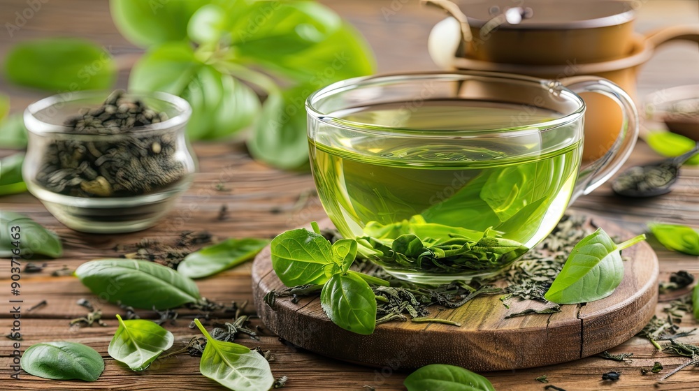 Green tea in a glass cup with leaves. Perfect for showcasing health benefits of tea. Green tea in a glass cup with leaves. Perfect for showcasing health benefits of tea.