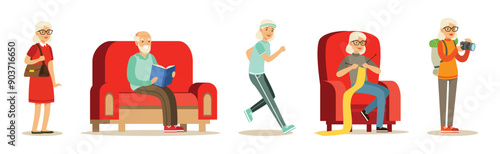 Senior Man and Woman Character Enjoy Retirement Vector Set